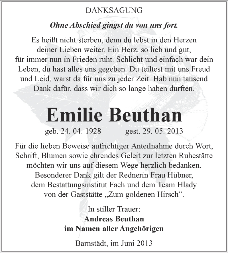  Traueranzeige für Emilie Beuthan vom 07.07.2013 aus WVG - Wochenspiegel Merseburg