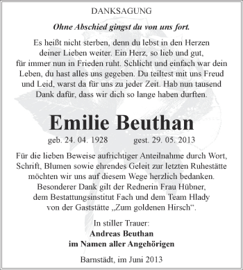 Traueranzeige von Emilie Beuthan von WVG - Wochenspiegel Merseburg