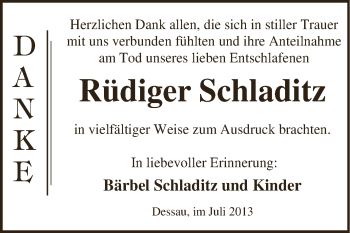 Traueranzeige von Rüdiger Schladitz von WVG - Wochenspiegel Dessau / Köthen