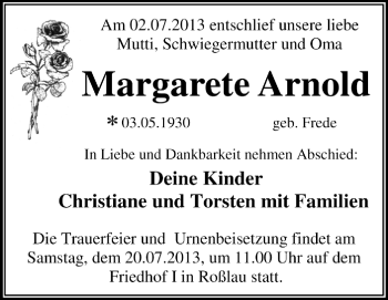 Traueranzeige von Margarete Arnold von Super Sonntag Dessau / Köthen