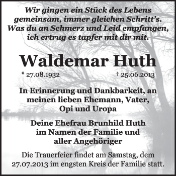 Traueranzeige von Waldemar Huth von Super Sonntag Dessau / Köthen