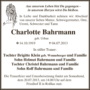 Traueranzeige von Charlotte Bahrmann von WVG - Wochenspiegel Dessau / Köthen