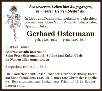 Traueranzeige von Gerhard Ostermann von WVG - Wochenspiegel SGH