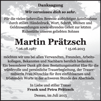 Traueranzeige von Martin Prätzsch von Super Sonntag Dessau / Köthen