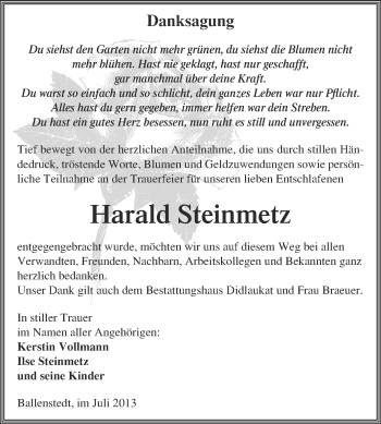 Traueranzeige von Harald Steinmetz von WVG - Wochenspiegel Quedlinburg