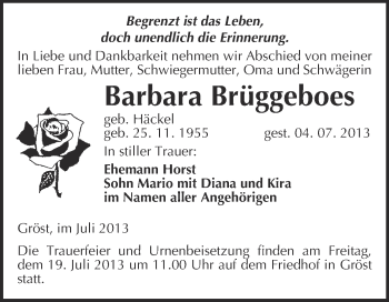 Traueranzeige von Barbara Brüggeboes von WVG - Wochenspiegel Merseburg