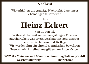Traueranzeige von Heinz Eckert von WVG - Wochenspiegel Dessau / Köthen