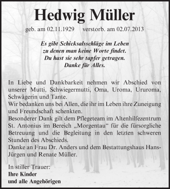 Traueranzeige von Hedwig Müller von Super Sonntag Aschersleben