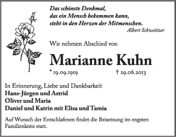 Traueranzeige von Marianne Kuhn von Super Sonntag Dessau / Köthen