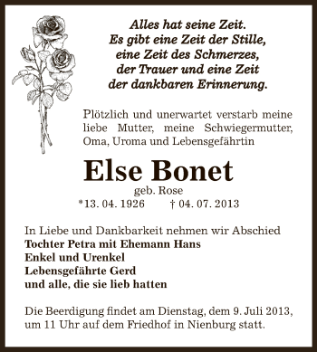 Traueranzeige von Else Bonet von Super Sonntag Bernburg