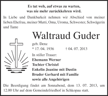 Traueranzeige von Waltraud Guder von Super Sonntag Merseburg