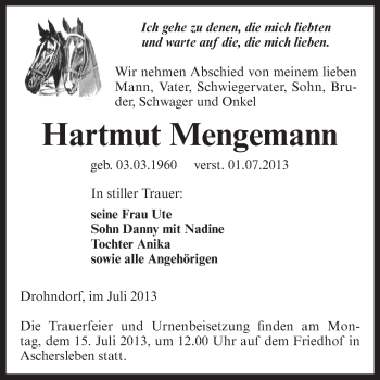 Traueranzeige von Hartmut Mengemann von WVG - Wochenspiegel Aschersleben