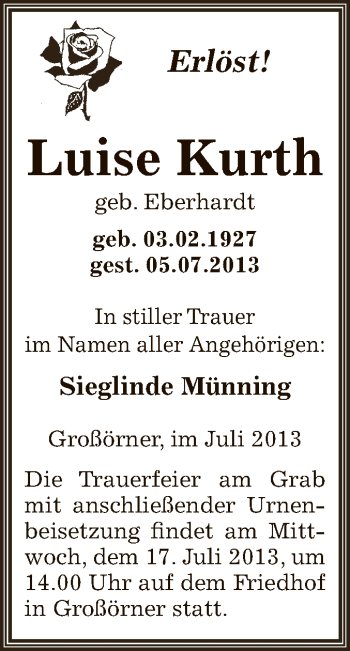 Traueranzeige von Luise Kurth von Wochenspiegel Mansfelder Land