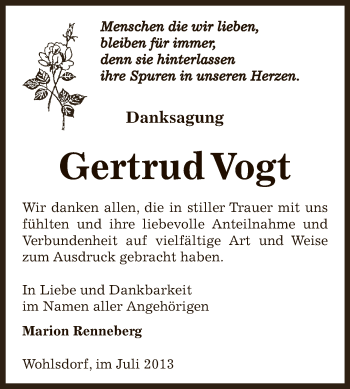 Traueranzeige von Gertrud Vogt von Super Sonntag Bernburg
