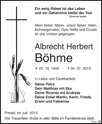 Traueranzeige von Albrecht Herbert Böhme von WVG - Wochenspiegel NMB / WSF / ZTZ