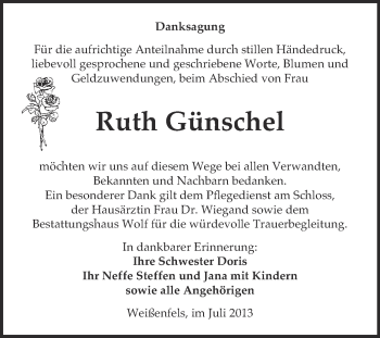 Traueranzeige von Ruth Günschel von WVG - Wochenspiegel NMB / WSF / ZTZ