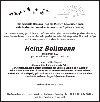 Traueranzeige von Heinz Bollmann von WVG - Wochenspiegel Aschersleben