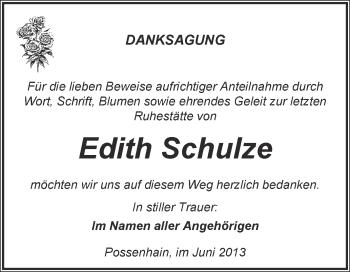 Traueranzeige von Edith Schulze von WVG - Wochenspiegel NMB / WSF / ZTZ