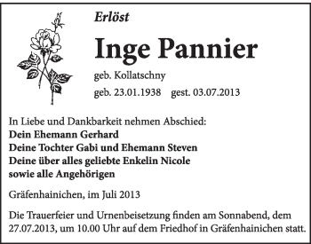 Traueranzeige von Inge Pannier von WVG - Wochenspiegel Wittenberg