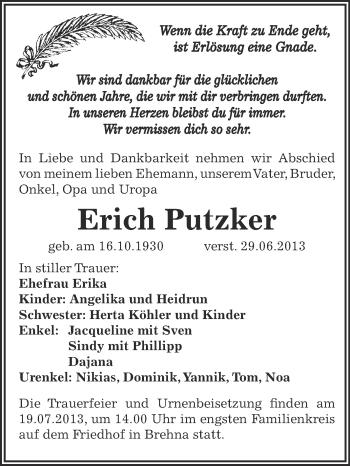 Traueranzeige von Erich Putzker von WVG - Wochenspiegel Bitterfeld