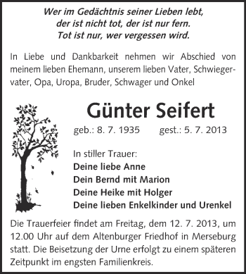 Traueranzeige von Günter Seifert von Super Sonntag Merseburg