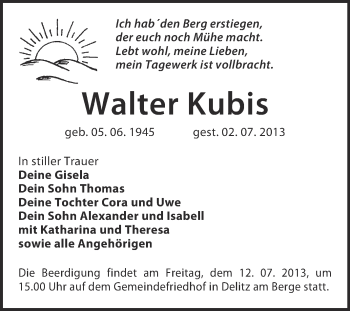 Traueranzeige von Walter Kubis von Super Sonntag Merseburg