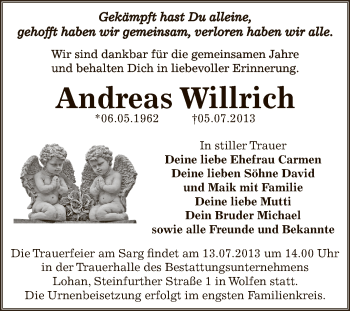 Traueranzeige von Andreas Willrich von WVG - Wochenspiegel Bitterfeld