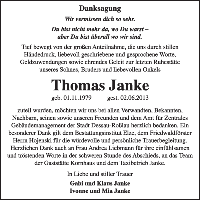  Traueranzeige für Thomas Janke vom 17.07.2013 aus Super Sonntag Dessau / Köthen