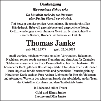 Traueranzeige von Thomas Janke von Super Sonntag Dessau / Köthen