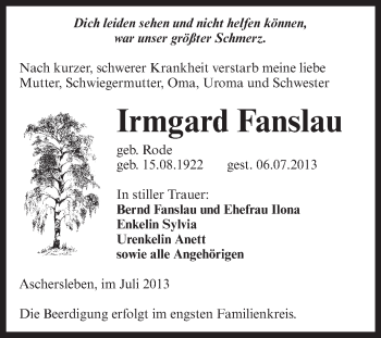 Traueranzeige von Irmgard Fanslau von WVG - Wochenspiegel Aschersleben