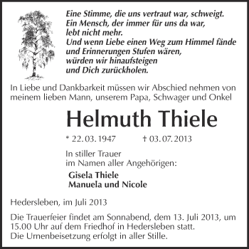 Traueranzeige von Helmuth Thiele von WVG - Wochenspiegel Quedlinburg