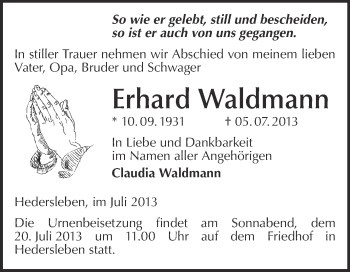 Traueranzeige von Erhard Waldmann von WVG - Wochenspiegel Quedlinburg
