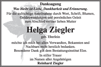 Traueranzeige von Helga Ziegler von Super Sonntag Dessau / Köthen