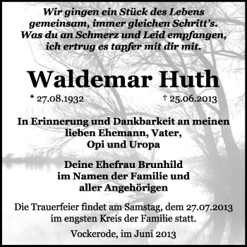 Traueranzeige von Waldemar Huth von Super Sonntag Dessau / Köthen