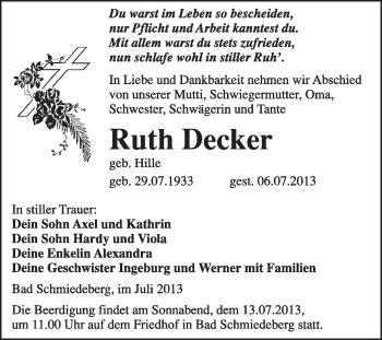 Traueranzeige von Ruth Decker von WVG - Wochenspiegel Wittenberg