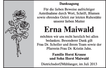 Traueranzeige von Erna Maiwald von WVG - Wochenspiegel Wittenberg