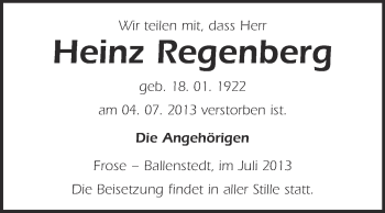 Traueranzeige von Heinz Regenberg von WVG - Wochenspiegel Quedlinburg