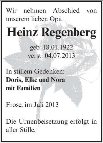 Traueranzeige von Heinz Regenberg von WVG - Wochenspiegel Aschersleben