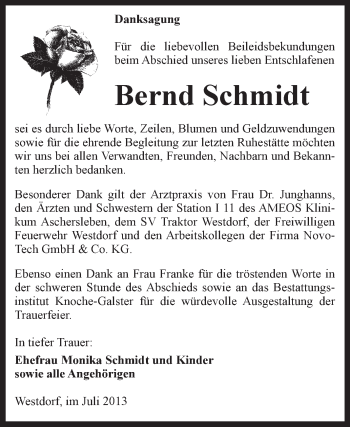 Traueranzeige von Bernd Schmidt von WVG - Wochenspiegel Aschersleben