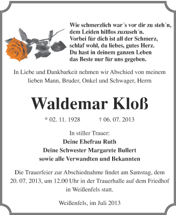 Traueranzeige von Waldemar Kloß von WVG - Wochenspiegel NMB / WSF / ZTZ