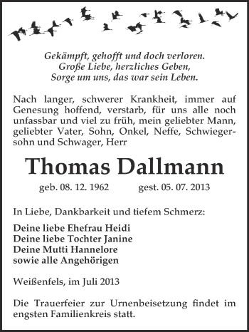 Traueranzeige von Thomas Dallmann von WVG - Wochenspiegel NMB / WSF / ZTZ