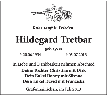 Traueranzeige von Hildegard Tretbar von Super Sonntag Wittenberg