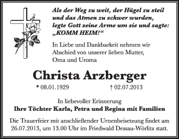 Traueranzeige von Christa Arzberger von Super Sonntag Dessau / Köthen