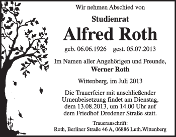 Traueranzeige von alfred Roth von Super Sonntag Wittenberg