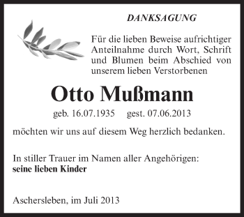 Traueranzeige von Otto Mußmann von Super Sonntag Aschersleben