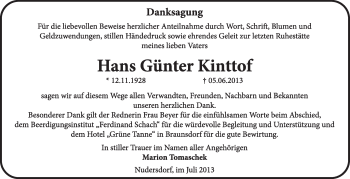 Traueranzeige von Hans Günter Kinttof von WVG - Wochenspiegel Wittenberg