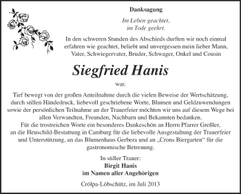 Traueranzeige von Siegfried Hanis von WVG - Wochenspiegel NMB / WSF / ZTZ
