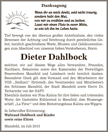 Traueranzeige von Dieter Dahlbock von Super Sonntag SGH Mansf. Land