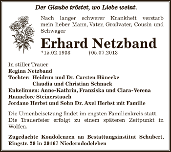 Traueranzeige von Erhard Netzband von WVG - Wochenspiegel Bitterfeld