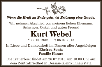 Traueranzeige von Kurt Webel von WVG - Wochenspiegel Dessau / Köthen
